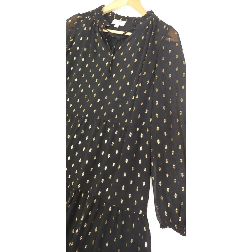 02 LOFT Outlet Petite Medium Petite Black Gold Metallic Dot Tiered Tunic‎ Blouse